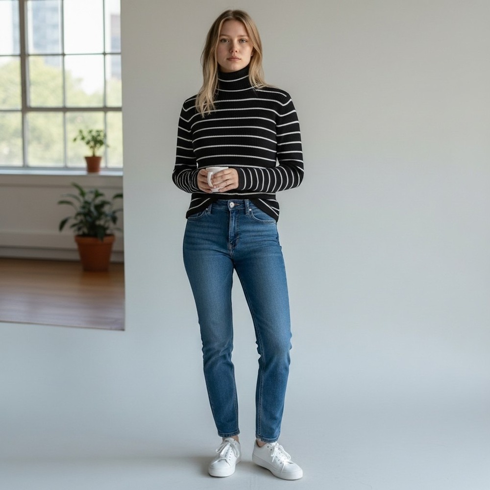 Kim Rogers Black White Striped Ribbed Turtleneck Sweater Fitted S 100% Cotton